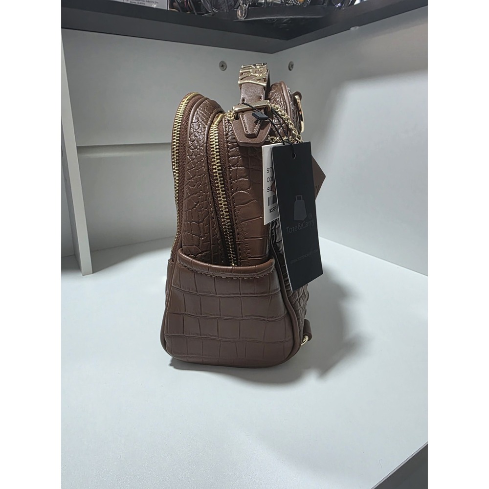 Tote & Carry Caramel Brown Croc Embossed Mini Backpack Purse Gold‎ Hardware NWT - Picture 2 of 14